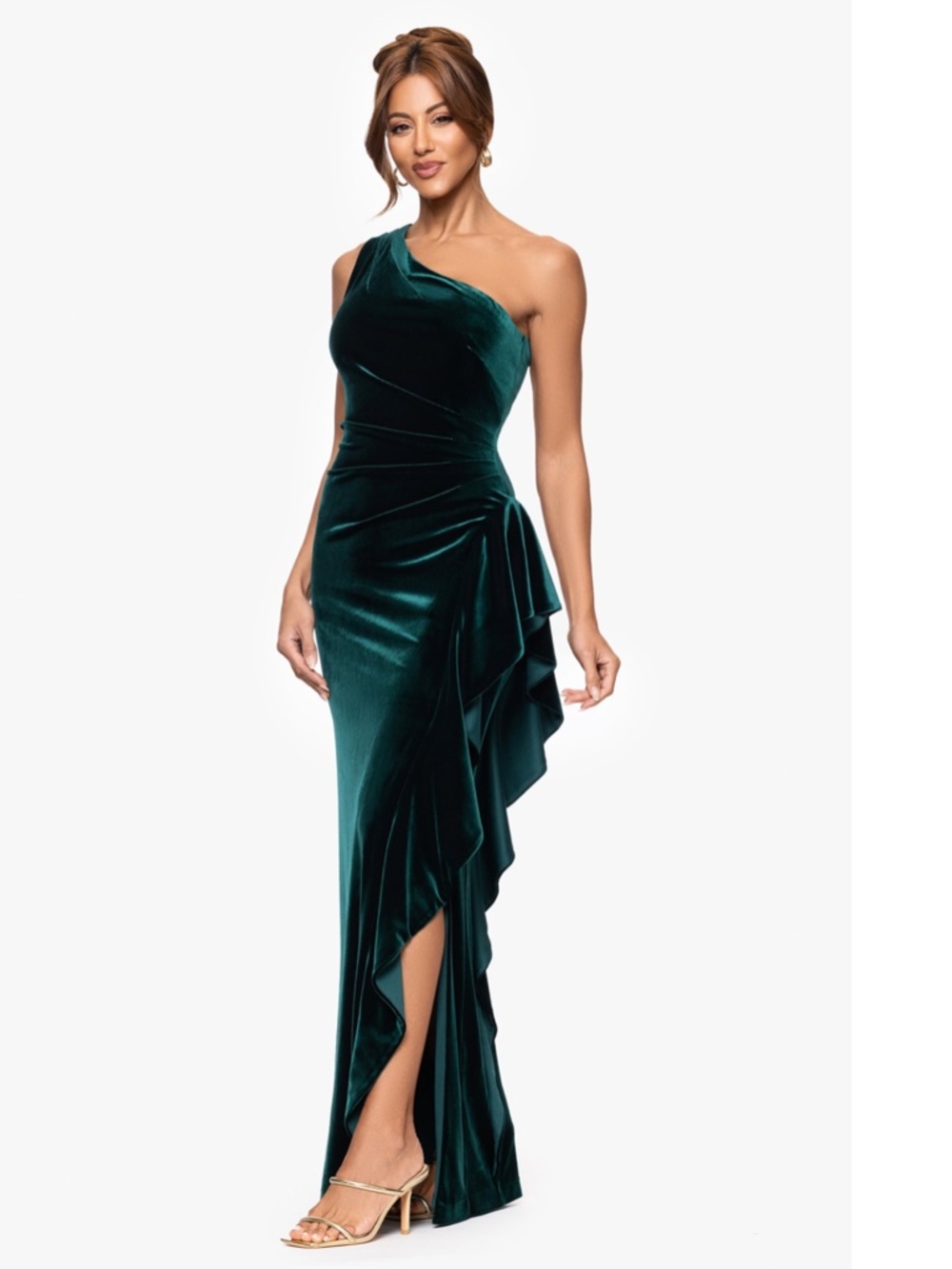 NEW XSCAPE Hunter Green ONE SHOULDER Ruched RUFFLE SIDE Stretch VELVET GOWN 6 - Picture 10 of 12